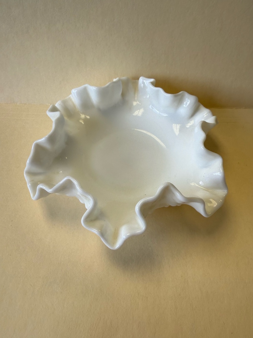 Vintage Fenton Hobnail Milk Glass Bon Bon Dish Bowl with Ruffled Edge Rim.